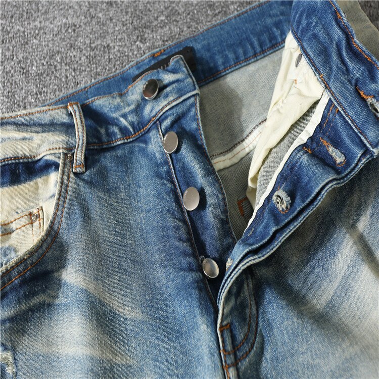 Pantalones vaqueros desgastados con agujeros para hombre, apliques para ropa, letterA, destrucción de pies pequeños, elásticos, high street,