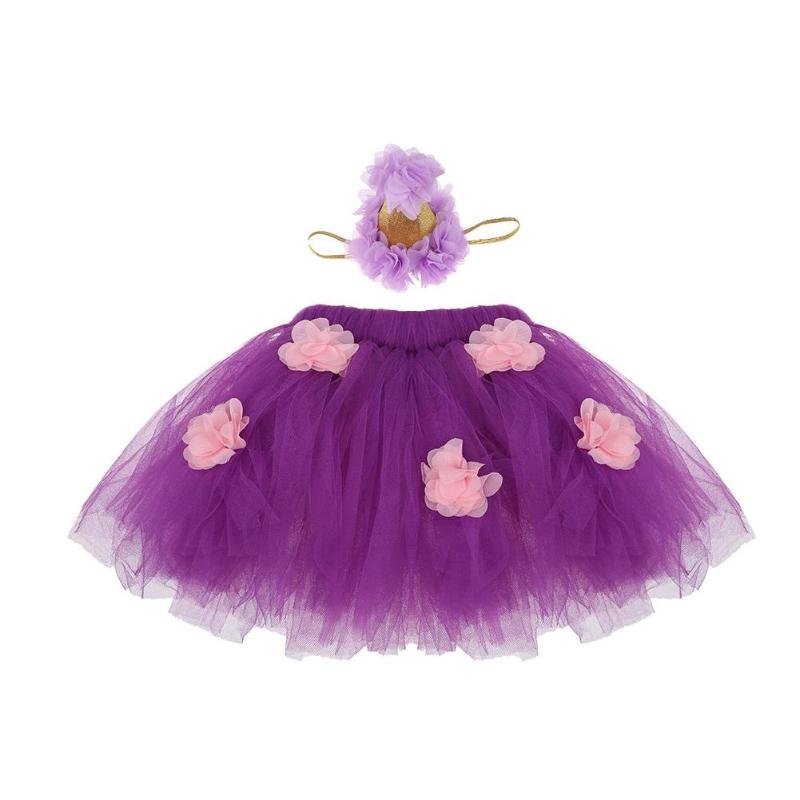 Jupe Tutu de danse florale pour filles | 2 pièces, accessoires de photographie, bandeau, pour bébés filles: VIOLET