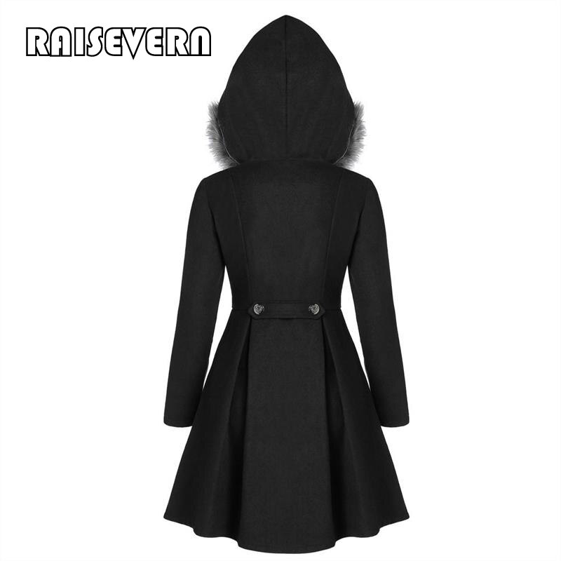 Middeleeuwse imitatiebont wollen jas met capuchon voor dames, winterjas, zwarte staande kraag, gothic jas, winterjas met dubbele rij knopen, gothic lange jas