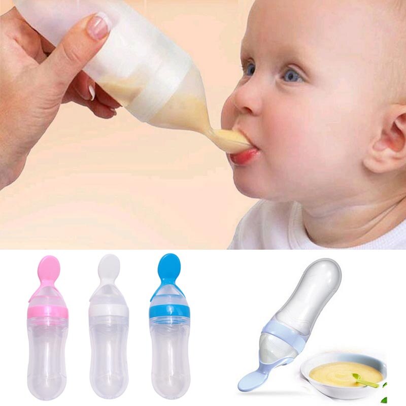 Siliconen Babyvoeding Fles Met Lepel Voedingssupplement Rijstgraangewas Fles Baby Squeeze Lepel Silicagel Lepel 90Ml LA872655