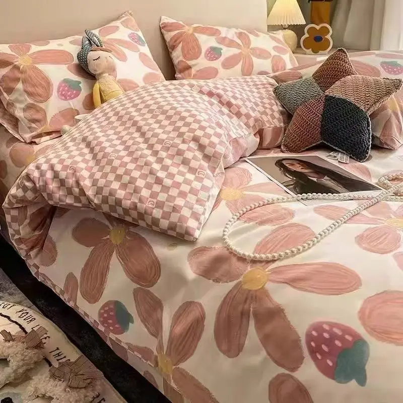 Romantische Bettwäsche einstellen Blumen- eins Stil Bettbezug Flache Blatt mit Kissenbezüge Einzigen Königin Volle Größe Jungen Mädchen Koreanischen Bett leinen: 150*200CM / Gold