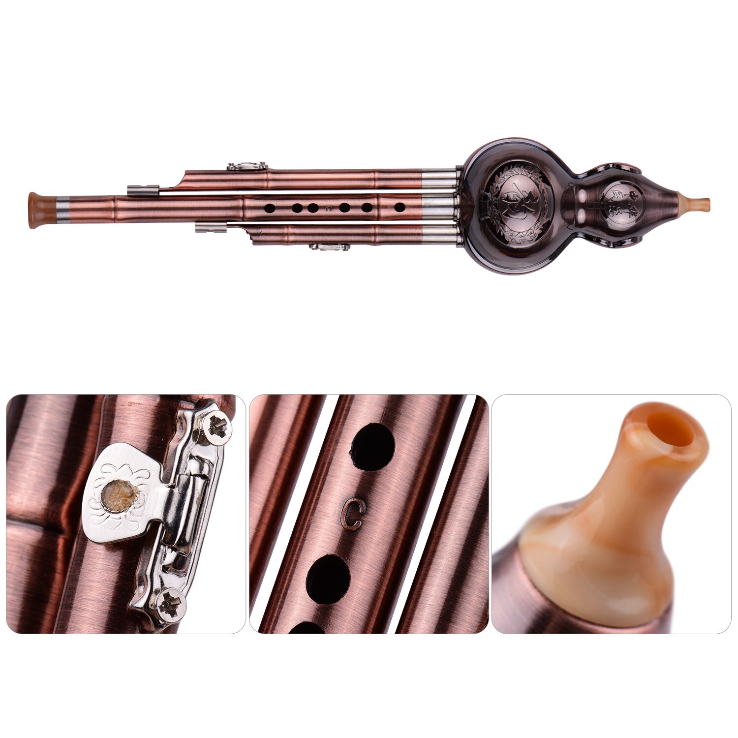 Flauta de aluminio con tubos chapados en cobre, instrumento tradicional chino con funda de nudo chino, 3 tonos c-key Hulusi calabaza Cucurbit
