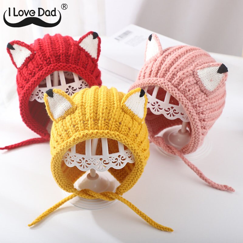 Cartoon Oren Baby Hoed Cap Winter Warm Gebreide Baby Jongens Meisjes Hoed Met Vetersluiting Kids Hoed Motorkap Kinderen Caps Beanie