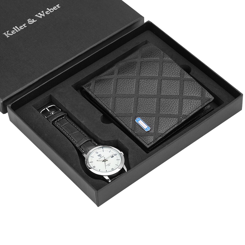 Speciale horloge portemonnee set quartz horloge leren portemonnee datum horloge kerst aan vader echtgenoot zoon heren horloge heren: F
