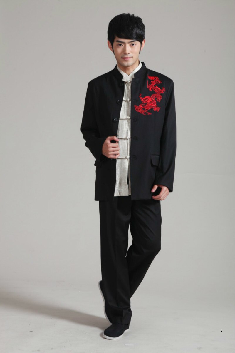 Costume Tang traditionnel chinois noir, vêtements Tai Chi, uniformes Wushu, broderie de Dragon, ensembles veste + pantalon à col Mandarin