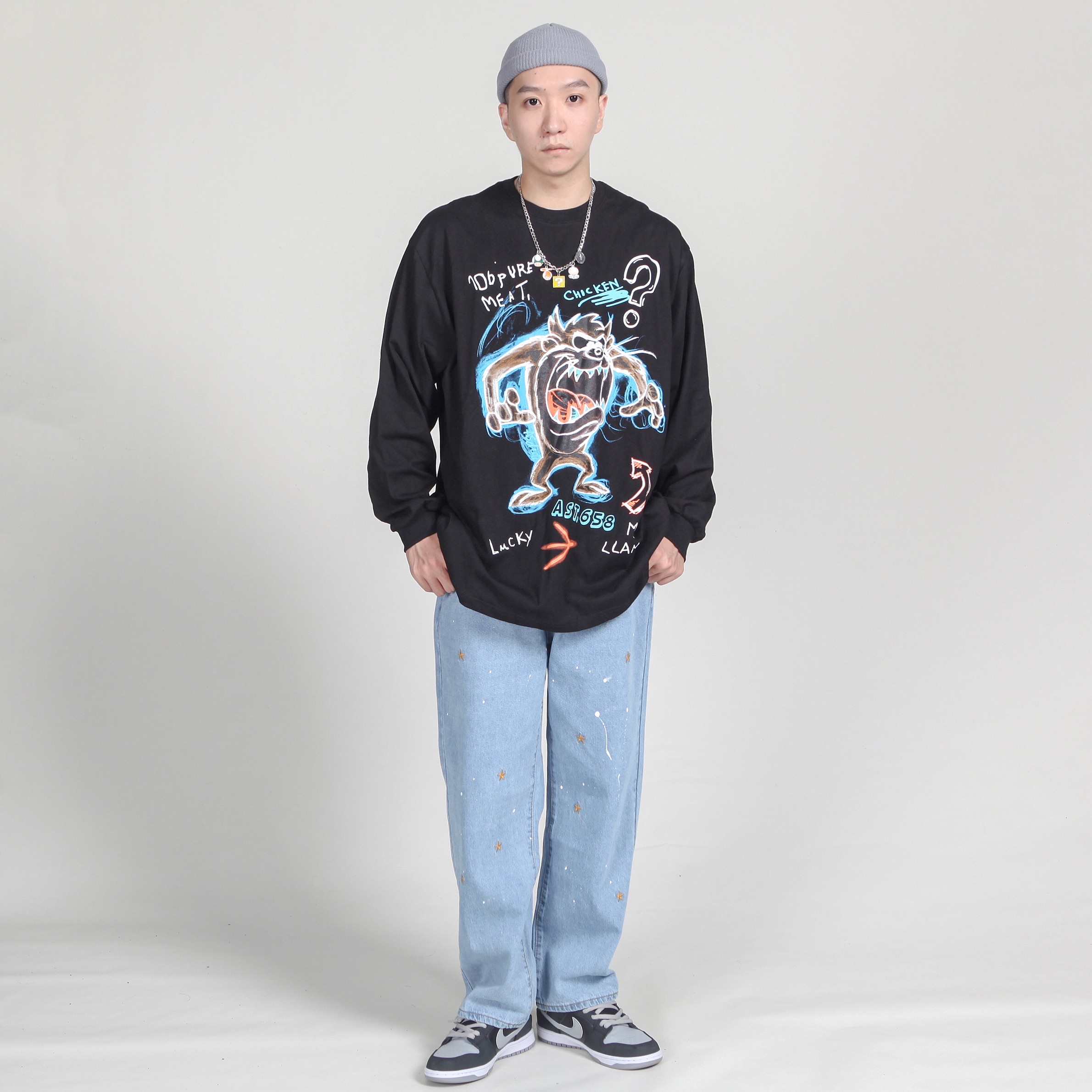 Iefb / herrkläder street splash-ink broderade lösa jeans trendiga raka vintage pappa byxor män hip hop jeansbyxor 9 y 4180