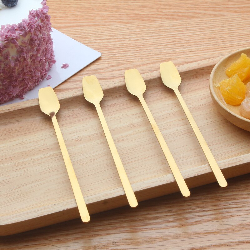 Stainless steel square head ice spoon, dessert long-handled square bowl, coffee spoon, Korean , gold-plated collocation cup