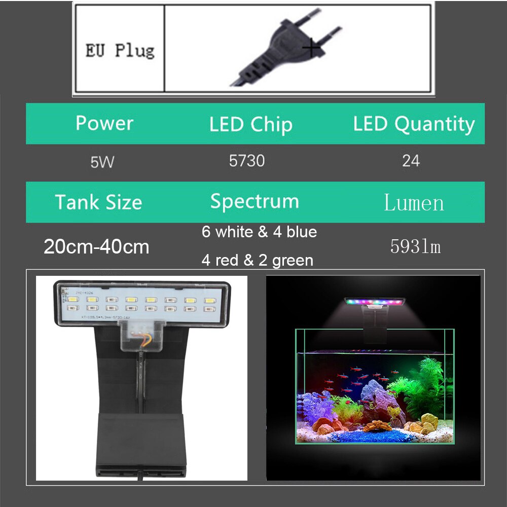 Justerbar 3 modes led akvarielys 5w 10w ferskvandsplanter vokse lys vandlamper vandtætte clip on lampe til akvarium: M18- b eu-stik