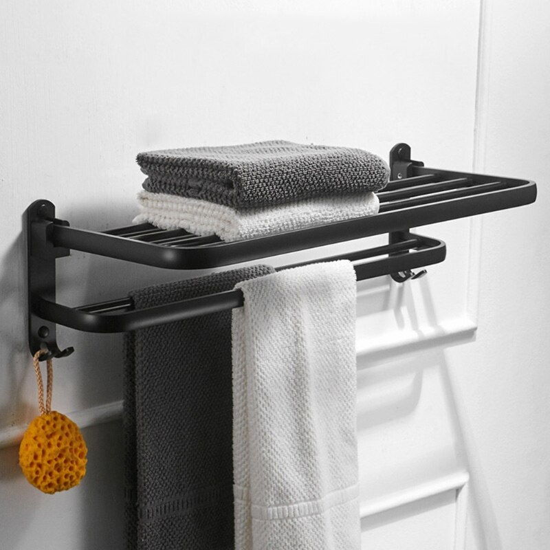 Ruimte Aluminium Zwart Handdoekenrek Wall Mounted Folding Handdoek Houder Opslag Plank Met Haak Badkamer Douche Accessoires