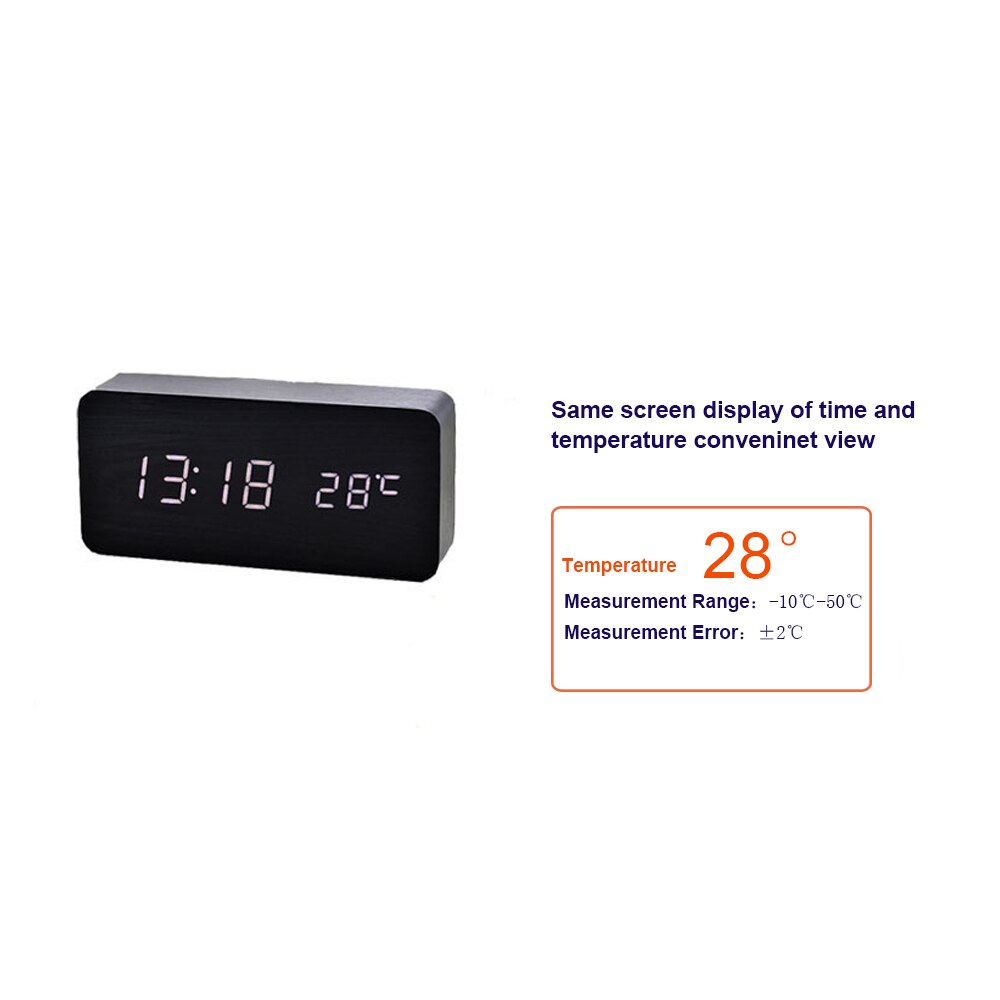 Wooden Alarm Clock Sound Control LED Digital Alarm Clock Electronic Temperature Display Desk Table Clock Auto Brightness Adjust