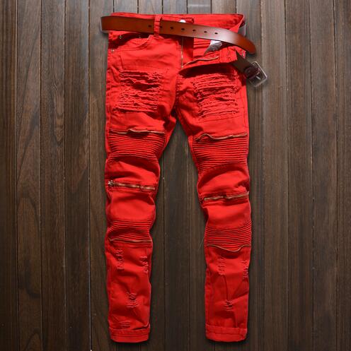 Skinny Jeans Mannen White Ripped Knie Rits Mode Casual Slim Fit Biker Jeans Hip Hop Vernietigen Stretch Denim Broek Motorfiets: B1009 red / 32