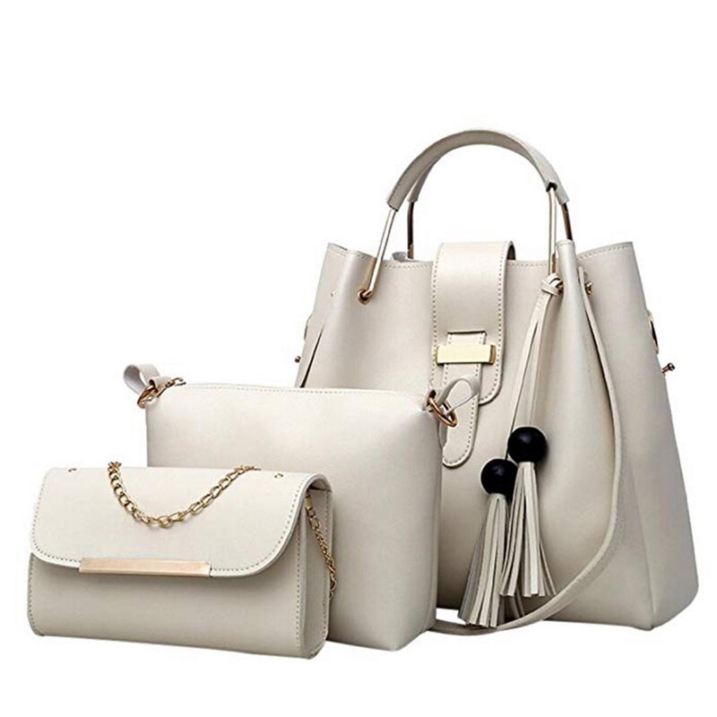Sac 3 pièces femmes sacs à main ensemble sacs à bandoulière en cuir grande capacité Sac fourre-tout décontracté femme gland seau sacs à main et sacs à main: white