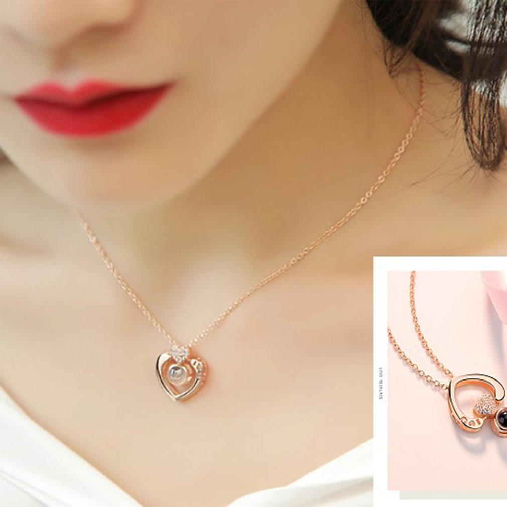 Rose Gold&Silver 100 languages I love you Projection Clavicle Romantic Memory Wedding Necklace Rose Gold Silver