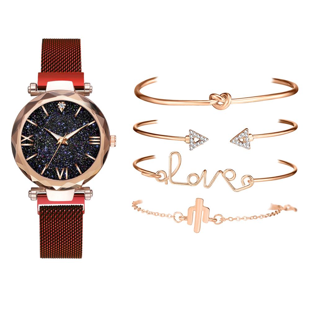 5pc/ sæt dameure armbåndssæt stjernehimmel damearmbåndsur casual læder quartz armbåndsur relogio feminino: Rød