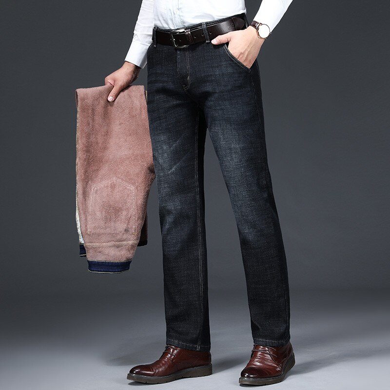 Vinterjeans mænd sort slim fit stretch tykke fløjlsbukser varme jeans casual fleecebukser herre plus str.