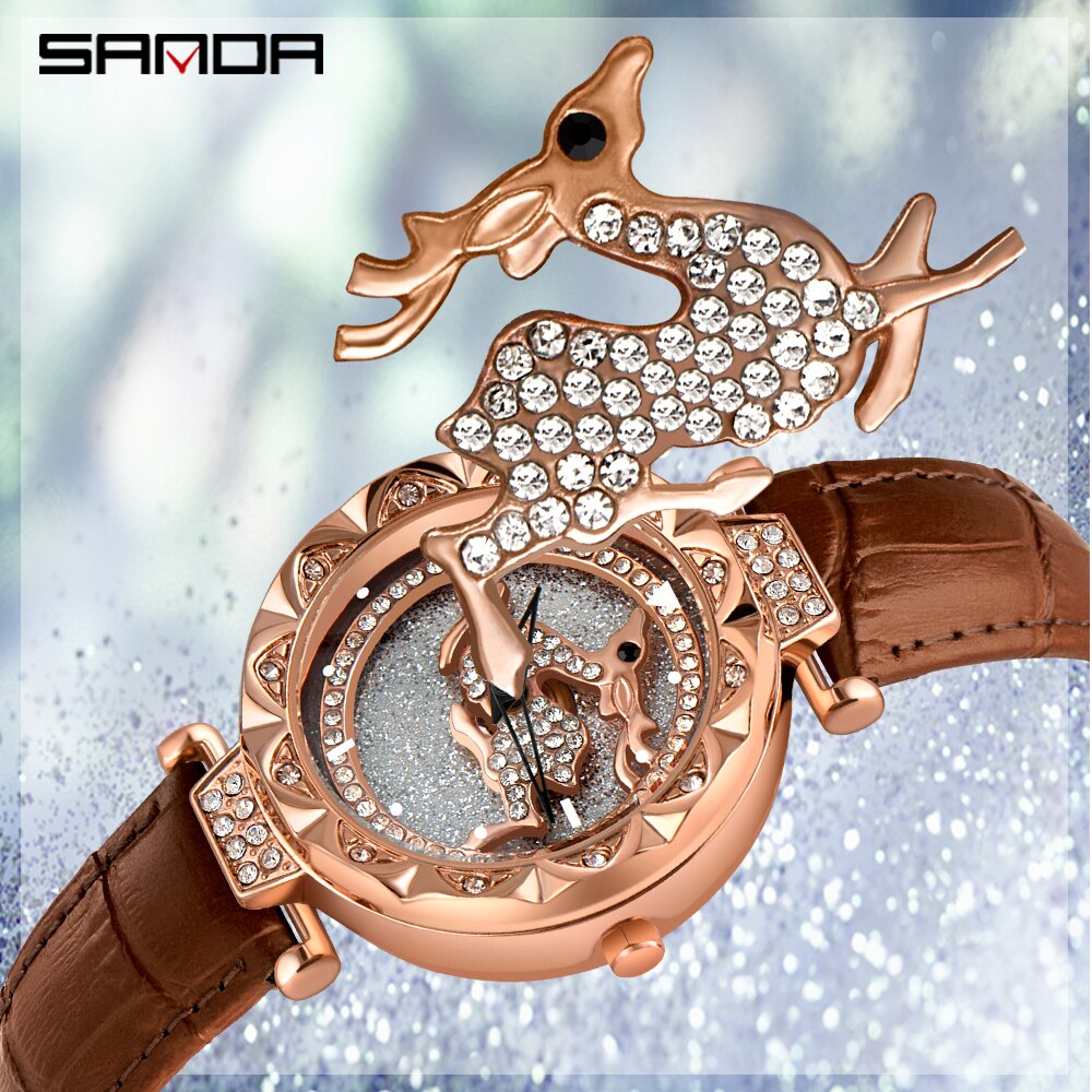 Sanda dameshorloge met kristal, diamant, draaibare wijzerplaat, leren stalen magneet, waterdicht quartzhorloge