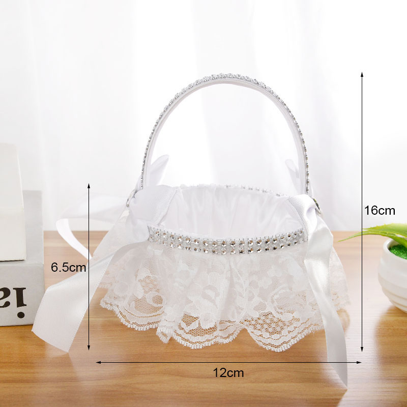 1pc White Wedding Flower Basket Lace Pearl Rhinestone Flower Petal Confetti Girls Basket For Wedding Engagement Party Decoration
