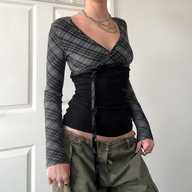 Iamhotty ternet patchwork-top i engelsk stil med v-hals og lange ærmer, koket æstetisk t-shirts med bindebånd og sløjfe i taljen