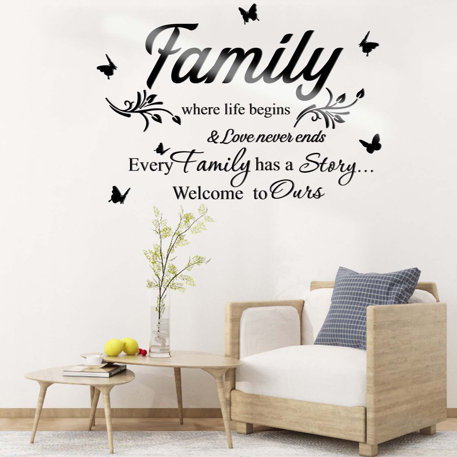 3D Acrylic Mirror Wall Decor Stickers Removable Black Family Letter Wall Stickers DIY Butterfly Mirror Stickers Wall Art Decals