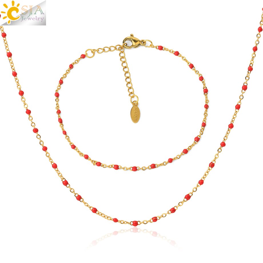 CSJA złoty kolor cienkie bransoletki ze stali nierdzewnej naszyjniki dla kobiet zestawy biżuterii 2020 bijoux górnik Acier Inoxydable Femme S739: czerwony