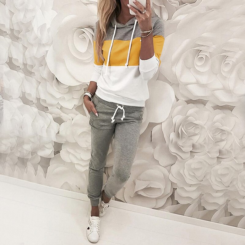 Drawstring Colorblock Hooded Top & Slinky Pant Sets Women 2 Piece Outfits Casual Autumn Tracksuits: Yellow / M