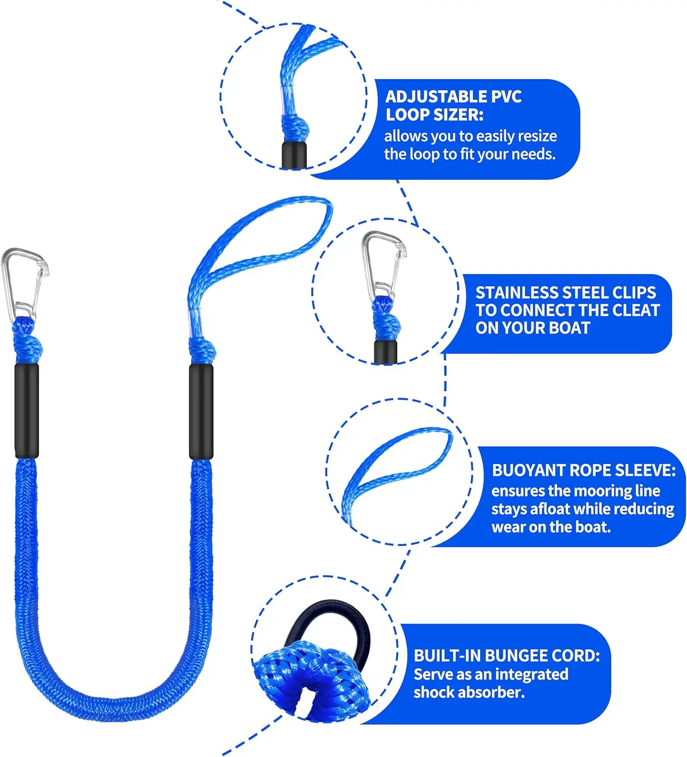 Líneas de muelle elásticas de 4 pies para barco, cuerdas de amarre de muelle (azul, 4 pies con un gancho)