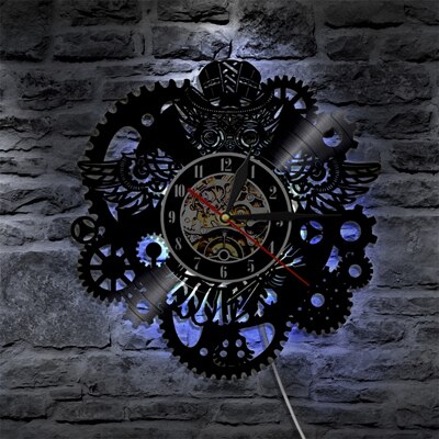 Vinyl rekord væg ur moderne 3d dekorative steampunk ur med 7 forskellige farver led skifte gear væg ur boligindretning: A 7 farves ledet skift