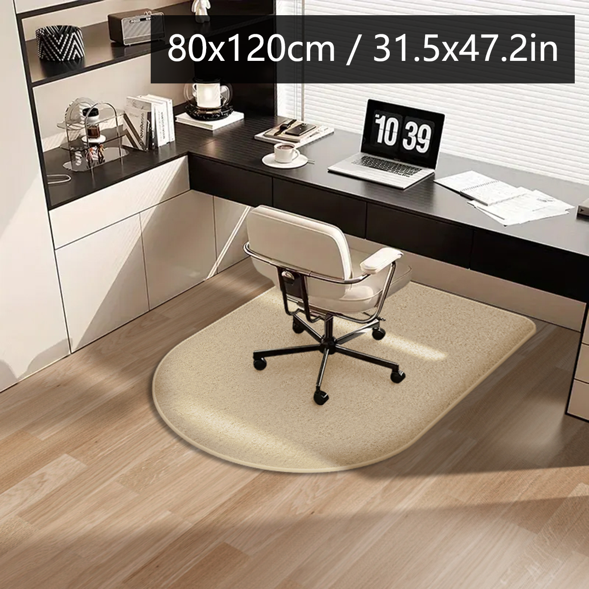 Solid color computer chair mat flannel floor mat thickened desk swivel chair arched carpet study soft dressing table foot mat: Beige