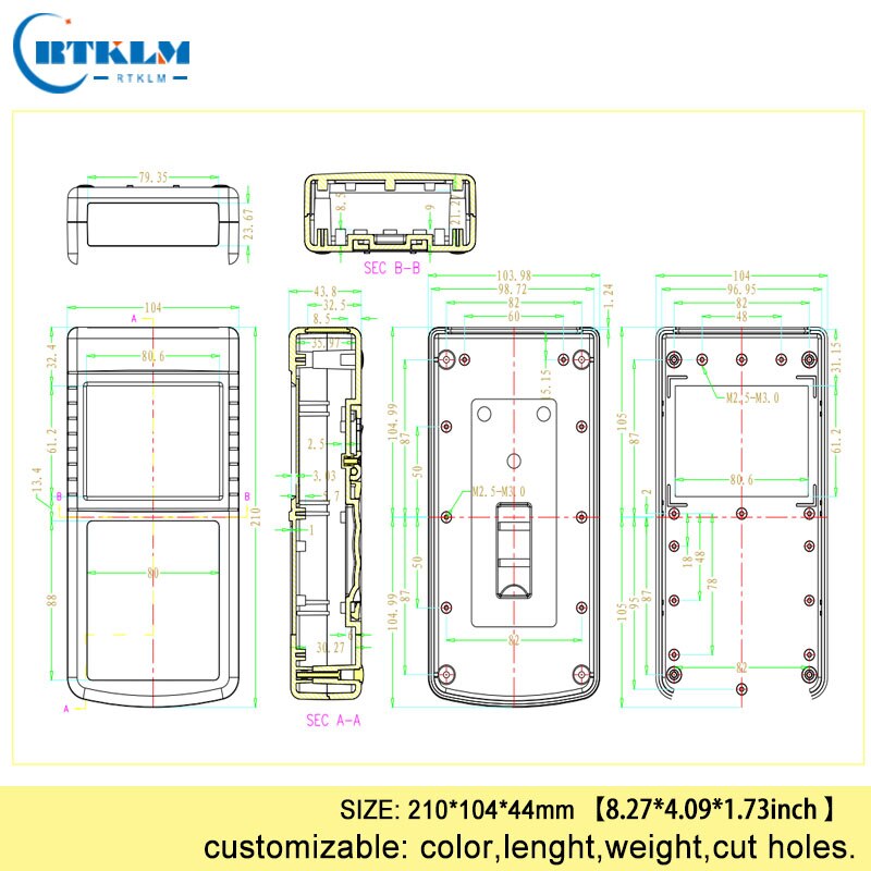 DIY junction box handheld plastic behuizing elektronische project gevallen abs kast draad connection box speaker box 210*104 * 44mm