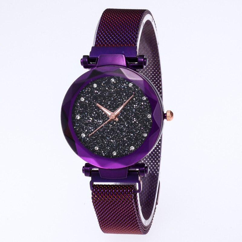 Luxe merk dameshorloge met diamanten wijzerplaat, dameshorloge met magnetische stalen armband en sterren, waterdicht horloge: Paars 