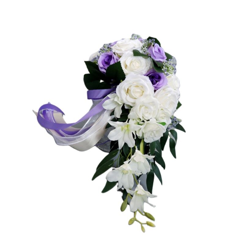 Teardrop Romantic Wedding Bridal Long Bouquet Artificial Rose Flowers with Ribbons Waterfall Flowers Bunch DIY Party Decoration: D