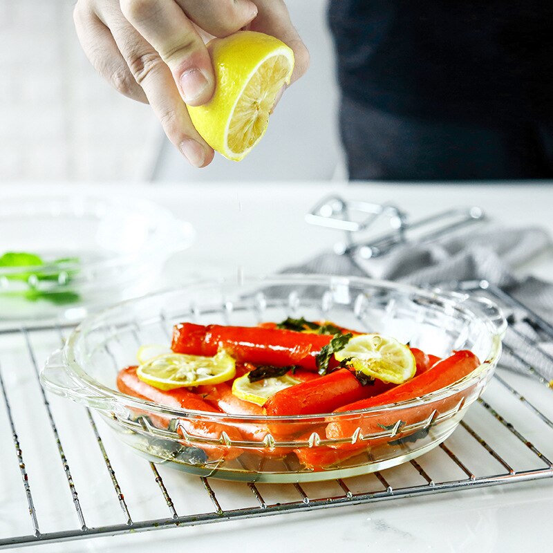 Klart glass ovnsbrett mikrobølgeovn firkantet tallerken ildfast fett med til ører comal kake brød rund ovnsbolle enkel lunsjtallerken