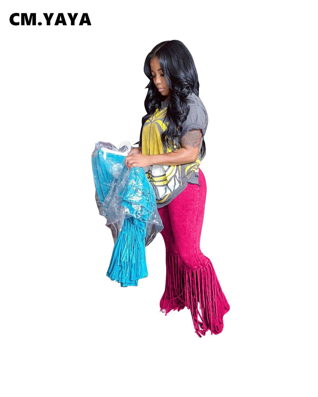 CM.YAYA-ropa de calle de ante para mujer, pantalones de empalme con borlas, Leggings de cintura alta, pantalones de chándal drapeados con campana acampanados