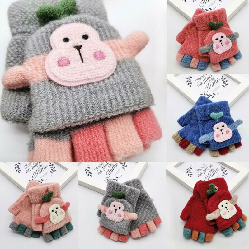 Winter Warm Child Kids Girl Boy Thick Fur Knit Gloves Neck String Mittens Children'S Woolen Monkey Gloves