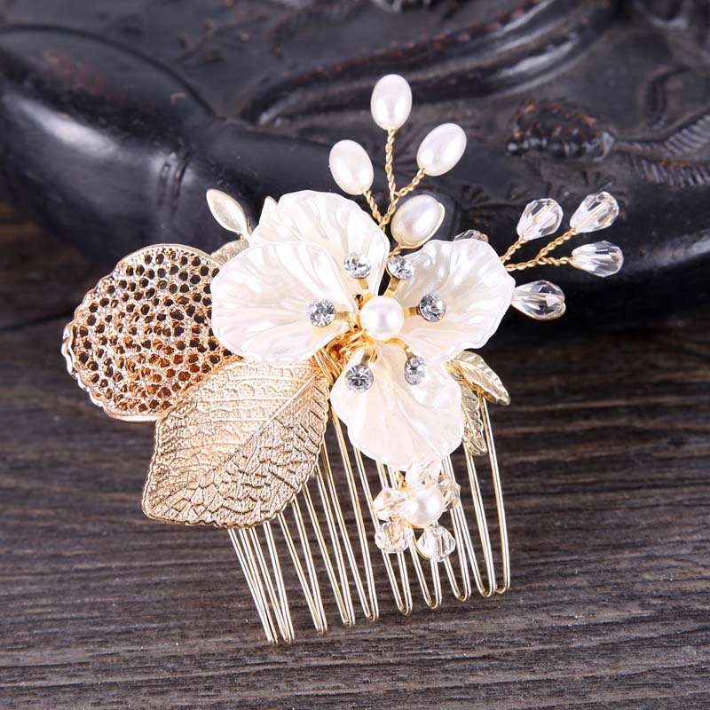 FORSEVEN Golden Leaf Crown Rhinestones Pearls Noiva Wedding Hair Comb Bridal Headpiece Crystal Tiara Hair Jewelry Accessories