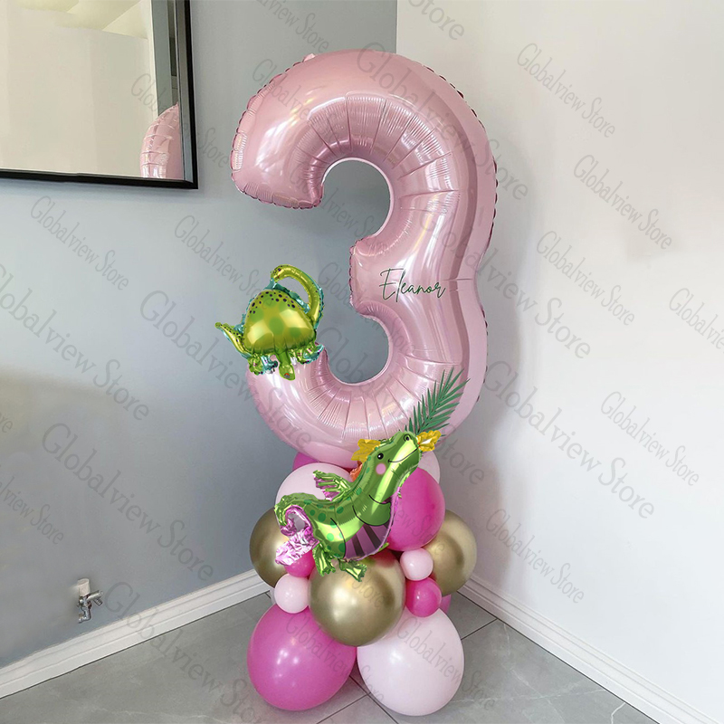 Roze dinosaurus ballon set Dino folie ballon boeket Dino thema verjaardagsfeestje decor meisje 3e verjaardag digitale nummer ballon