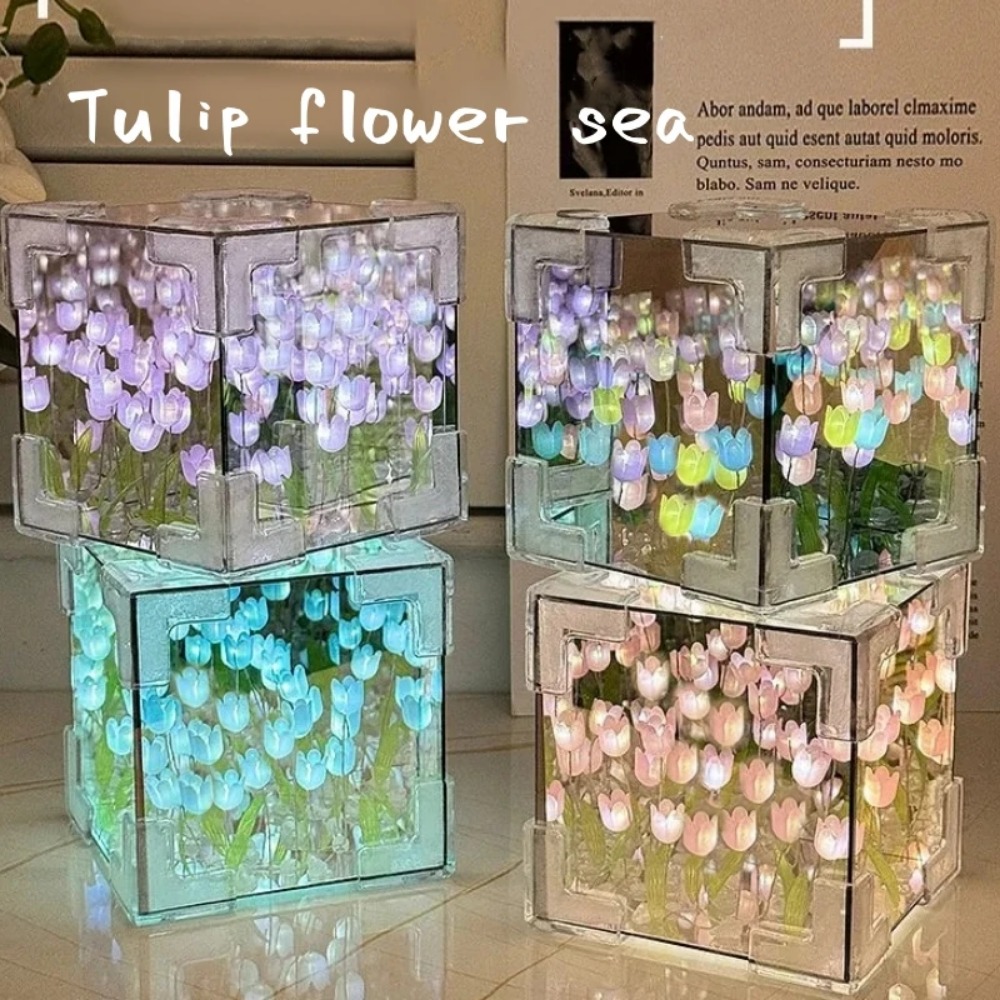 Lámpara de mesa de tulipán artesanal para dormitorio, luz nocturna de espejo de tulipanes, flor de simulación hecha a mano, de cumpleaños