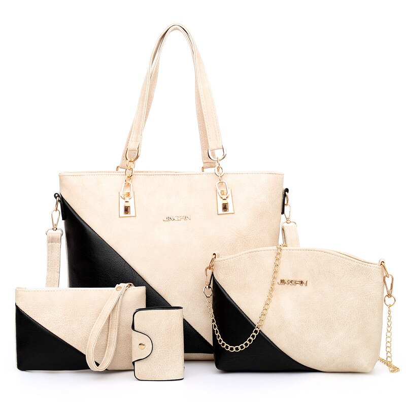 Stor kapacitet kvinder pu læder håndtasker muleposer damer 4 dele sæt skuldertaske luksus crossbody taske: Beige