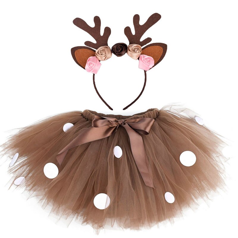 Christmas Deer Tutu Skirt +Headband for Girls Kids Deer Costume Baby Girl Deer Skirt Teen Child Outfits for Birthday 0-12Y