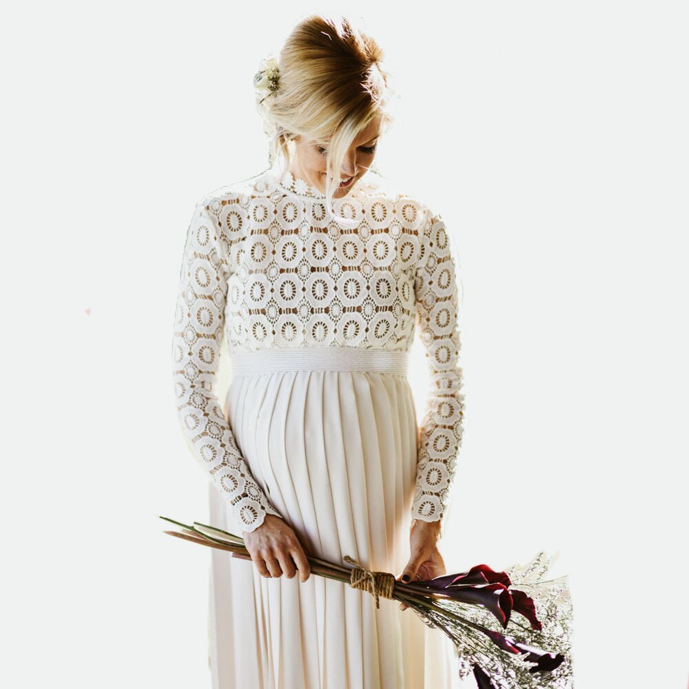 spitze langarm mutterschaft kleid fotografie mit lange kleid schwangerschaft koreanischen stil mutterschaft kleider für foto schießen Q0612: XL