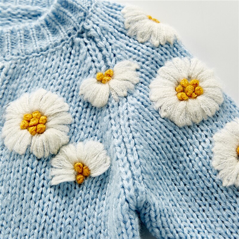 Blotona – Cardigan tricoté pour bébés filles, haut décontracté à col rond et manches longues, avec broderie marguerite, à simple boutonnage, pour l&#39;automne et l&#39;hiver