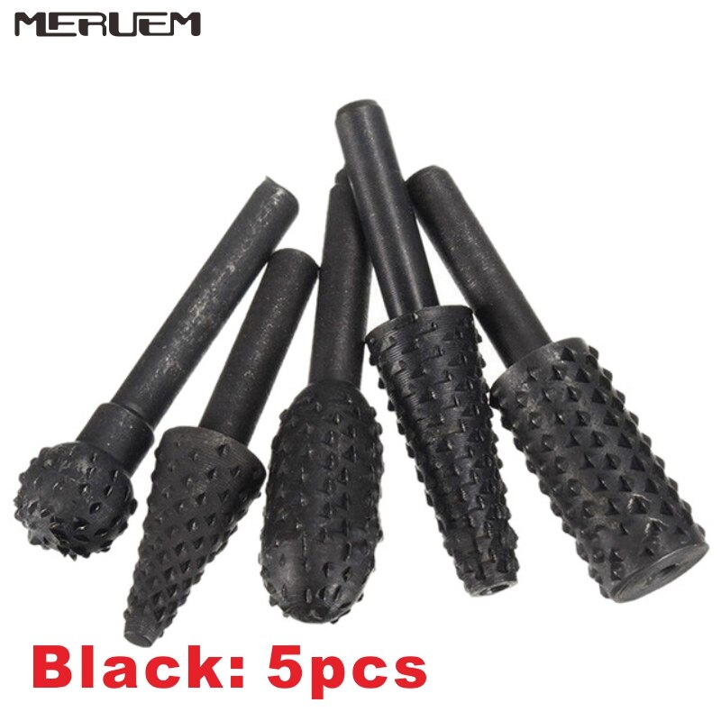 5pcs/6ps Steel Rotary Rasp File Set 6mm Shank Rotor Craft Files Woodworking Drill Bits Round Shank Rotary Burr Set: Black 5pcs