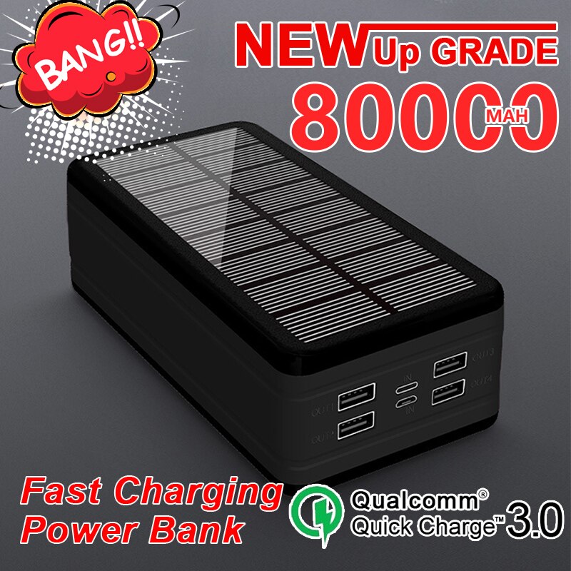 Solar Power Bank 99000mAh Portable Charger Large Capacity LED Outdoor Waterproof Poverbank for Iphone Xiaomi Samsung: Black