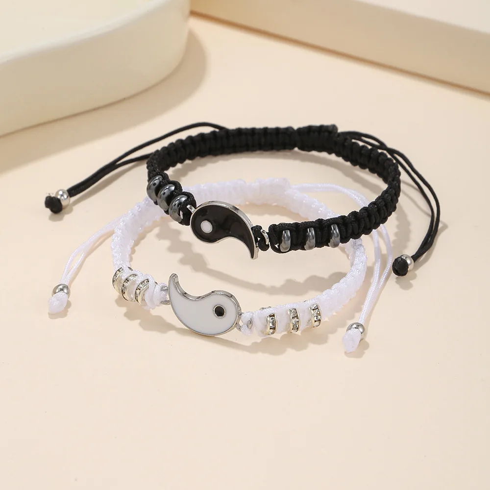 Conjunto de jóias tai chi casal pulseira preto branco corda ajustável conjunto corrente estilo simples uso diário amizade jóias presente: Marrom Avermelhado
