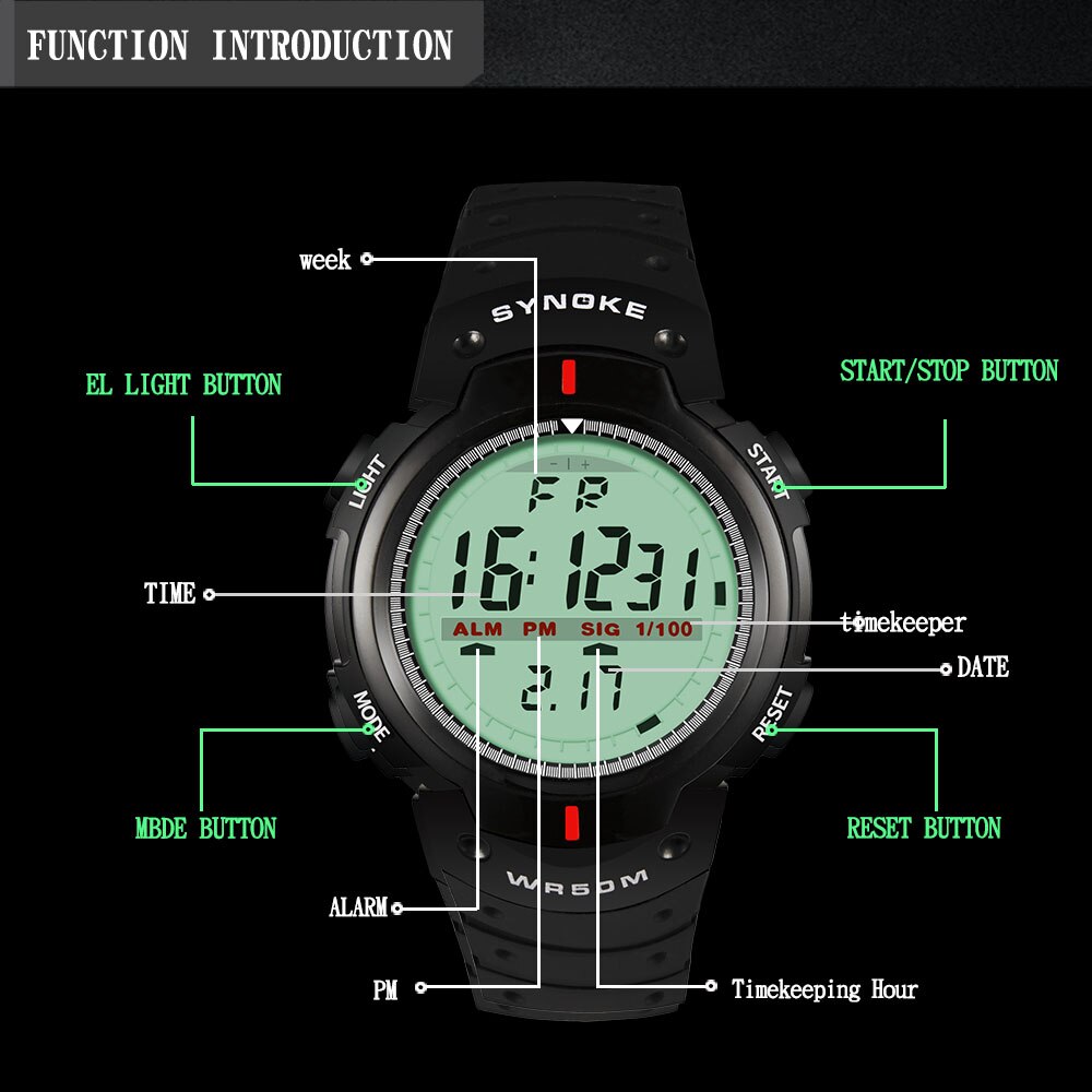 Synoke Sport Horloge Mannen 30M Waterdichte Led Digitale Elektronische Horloge Mannen Outdoor Heren Sport Pols Stopwatch Sport Horloges