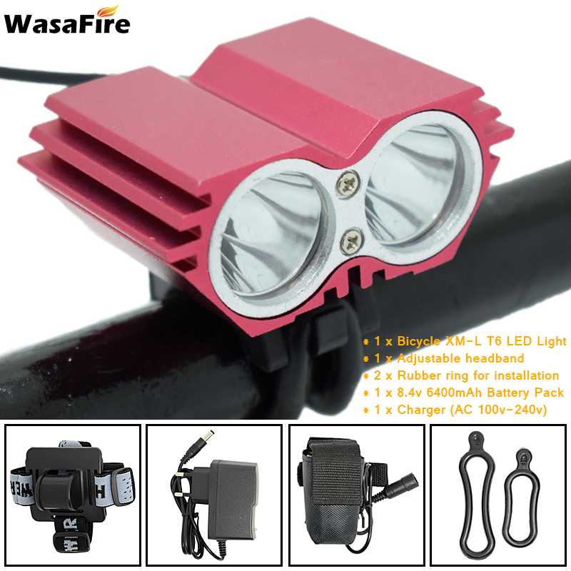 5000 Lumens X2 Bike Light T6 LED Mountain Bike Front Light Bicycle Headlight Cycling Head Lamp + 18650 Battery Pack + Charger: Package H