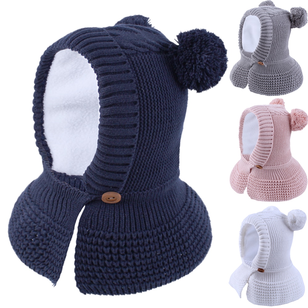 Chapeau casque enfant hiver garçon fille tricot bonnet doublure polaire pompon casquette ski extérieur accessoire
