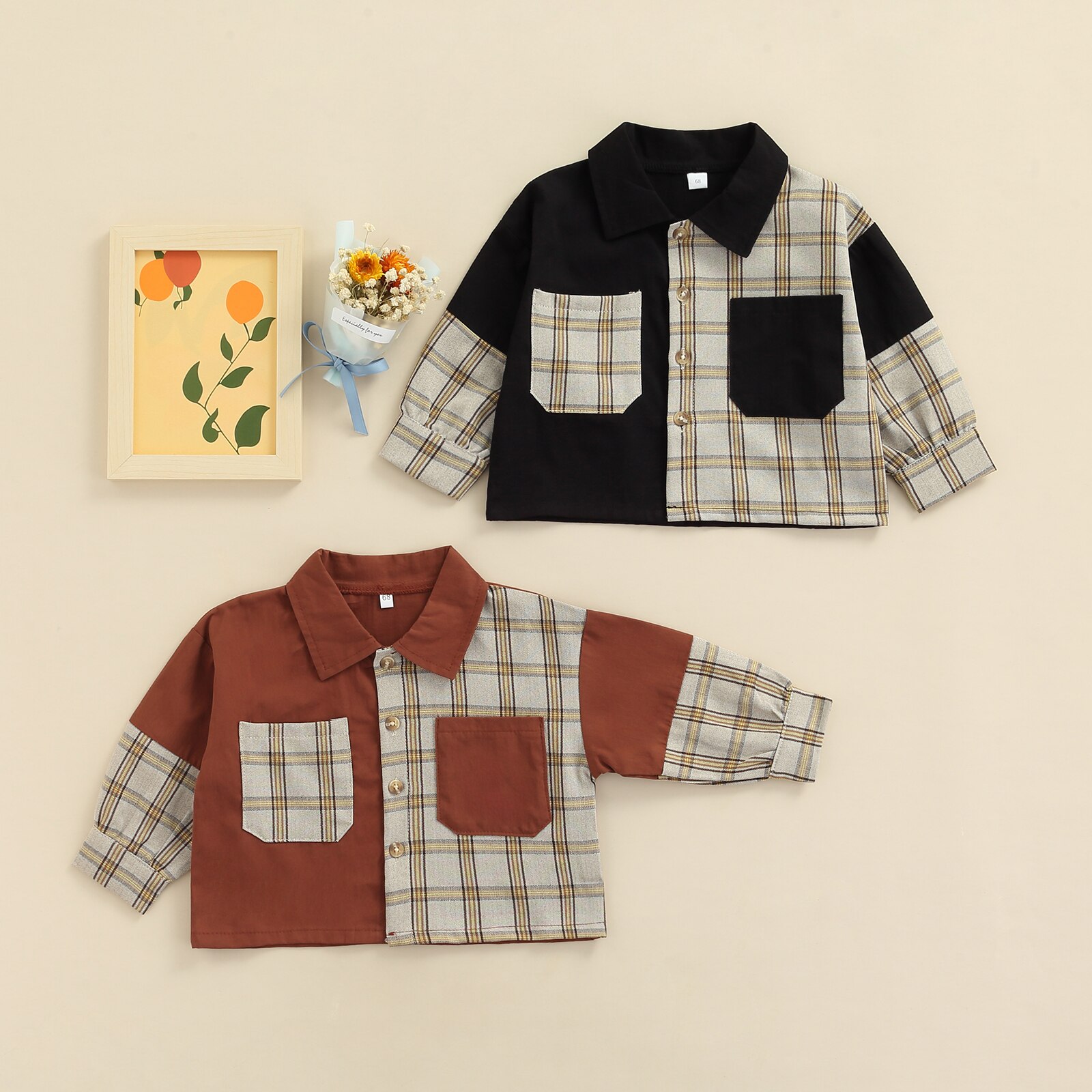 0-24M Neugeborene Jungen Mädchen Herbst Tasten Hemd Kontrast Farbe Patchwork Plaid Langarm Revers Bluse