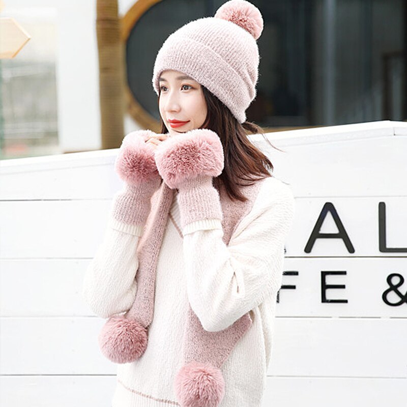 Hoeden Sjaals Handschoenen Drie Sets Van Vrouwen Hoed Mooie Meisjes Warm Breien Lente Herfst En Winter Skullies Mutsen Cap: D