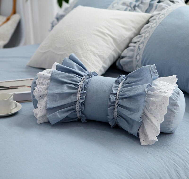 Klassieke blauwe geruite decoratieve kussen in europese stijl, geborduurd snoepkussen, prinsessenkussens met ruches (inclusief vulling): 03